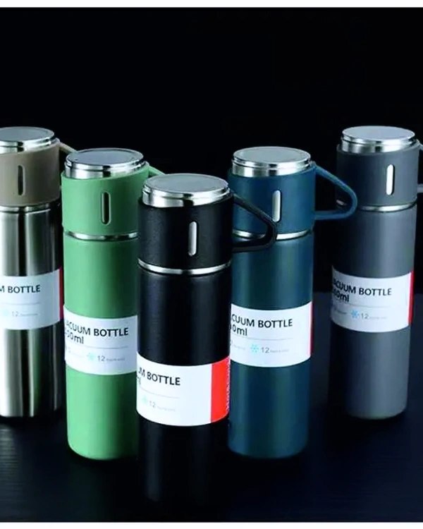 Vacuum Flask 500 ml Vacuum Insulated Bottle Water Flask Gift Set with Two Cups Hot & Cold | Corporate Gift Items | Assorted Color - (Green, Beige, Blue, 500 Ml)