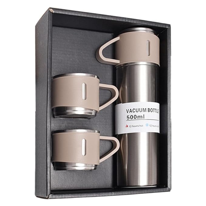 Vacuum Flask 500 ml Vacuum Insulated Bottle Water Flask Gift Set with Two Cups Hot & Cold | Corporate Gift Items | Assorted Color - (Green, Beige, Blue, 500 Ml)