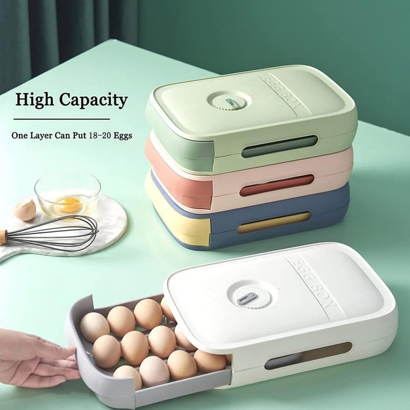 Stackable Egg Storage Box with Lid – Refrigerator Egg Holder Tray, Drawer Design Kitchen Organizer, BPA-Free Container Holds 18–20 Eggs