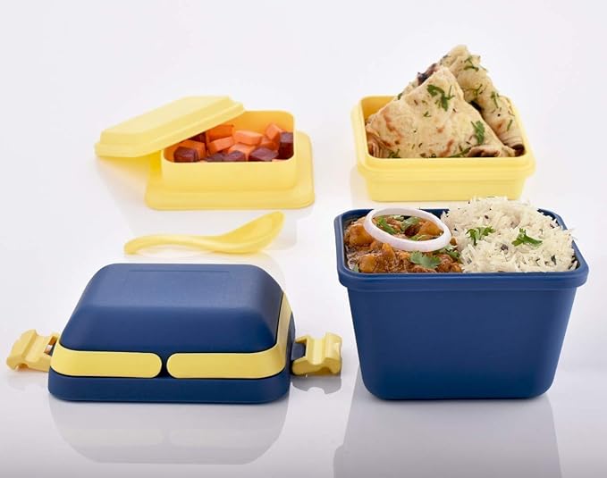 Airtight Lunch Box Set – 3 Compartment Insulated Tiffin with Handle &amp; Push Lock, Leak-Proof Plastic Bento Box for Kids &amp; Office (Blue)