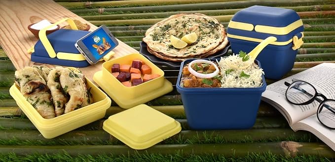 Airtight Lunch Box Set – 3 Compartment Insulated Tiffin with Handle &amp; Push Lock, Leak-Proof Plastic Bento Box for Kids &amp; Office (Blue)