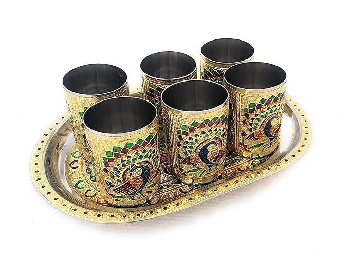 Meenakari Peacock Design Glass with Handle &amp; Handicraft Serving Tray Set – Stainless Steel, 6 Glasses + 1 Tray (Multicolour)