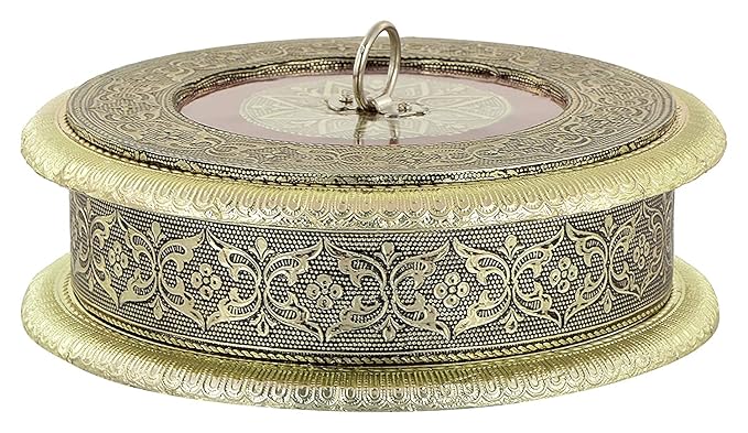 Decorative Wooden Golden Oxidized Square 4 Section Empty Dry Fruit Box ( Round Golden , 20 (L) x 20 (W) x 5 (H) cm )