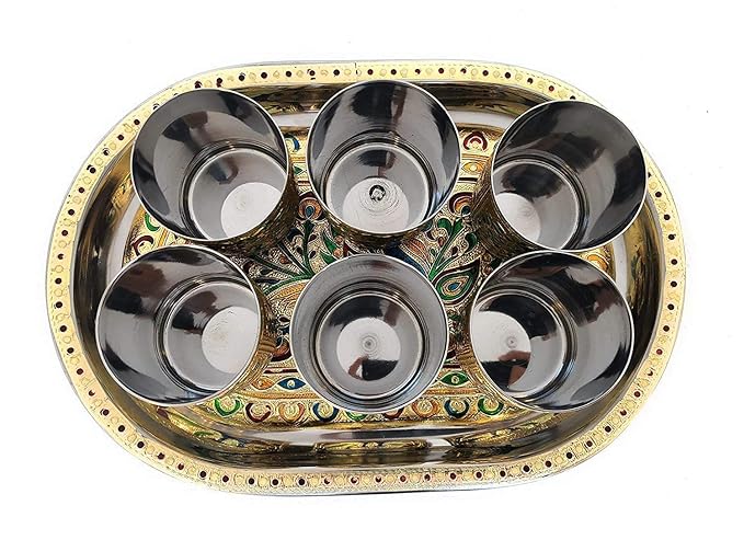 Meenakari Peacock Design Glass with Handle &amp; Handicraft Serving Tray Set – Stainless Steel, 6 Glasses + 1 Tray (Multicolour)