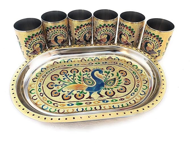 Meenakari Peacock Design Glass with Handle &amp; Handicraft Serving Tray Set – Stainless Steel, 6 Glasses + 1 Tray (Multicolour)