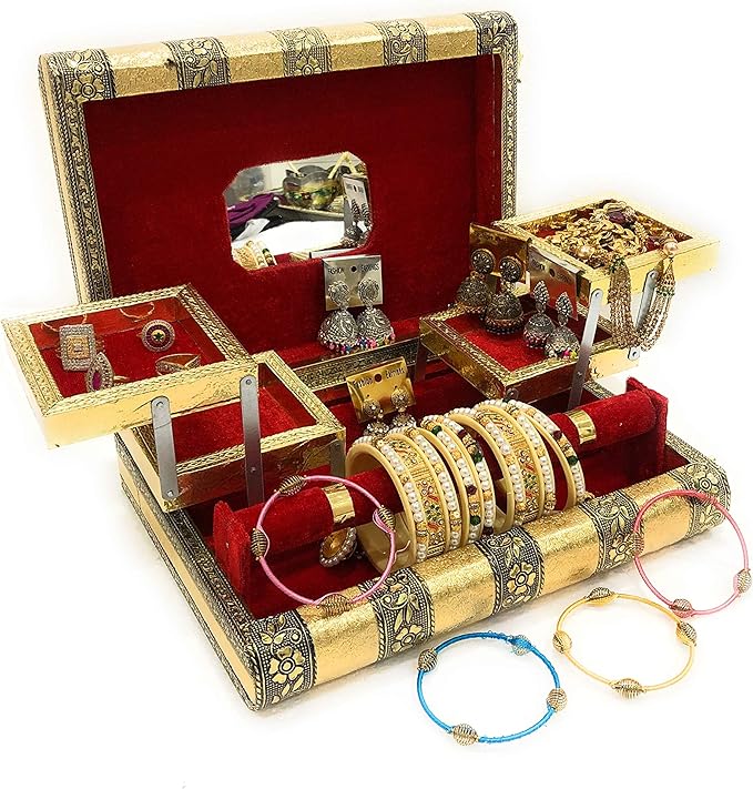 Meenakari Handmade Work Oxidized Jewellery Box Foldable Wooden Vanity Case for Earrings, Bangles with Mirror for Women (Gold), Wood, Gold