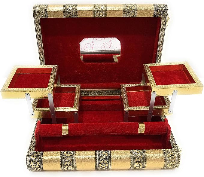 Meenakari Handmade Work Oxidized Jewellery Box Foldable Wooden Vanity Case for Earrings, Bangles with Mirror for Women (Gold), Wood, Gold