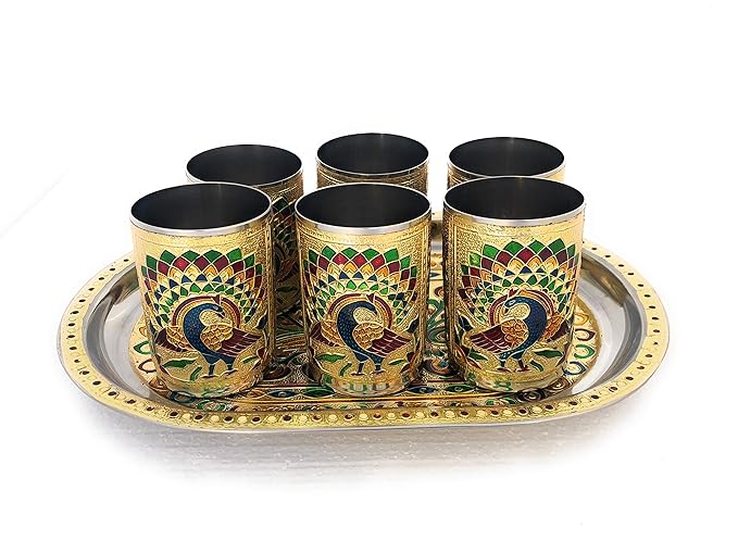 Meenakari Peacock Design Glass with Handle &amp; Handicraft Serving Tray Set – Stainless Steel, 6 Glasses + 1 Tray (Multicolour)