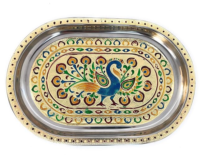 Meenakari Peacock Design Glass with Handle &amp; Handicraft Serving Tray Set – Stainless Steel, 6 Glasses + 1 Tray (Multicolour)