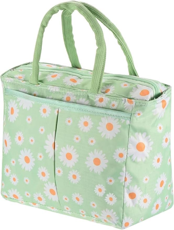 Floral Insulated Lunch Bag – 5.3L Waterproof Oxford, Lightweight for School, Office, Picnic & Travel (Mint Green, Strip-Blue)