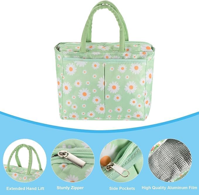 Floral Insulated Lunch Bag – 5.3L Waterproof Oxford, Lightweight for School, Office, Picnic & Travel (Mint Green, Strip-Blue)