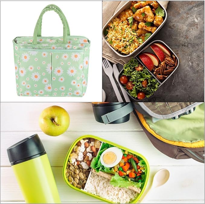 Floral Insulated Lunch Bag – 5.3L Waterproof Oxford, Lightweight for School, Office, Picnic & Travel (Mint Green, Strip-Blue)