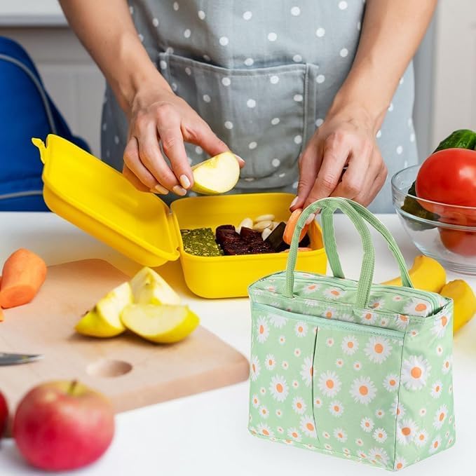 Floral Insulated Lunch Bag – 5.3L Waterproof Oxford, Lightweight for School, Office, Picnic & Travel (Mint Green, Strip-Blue)