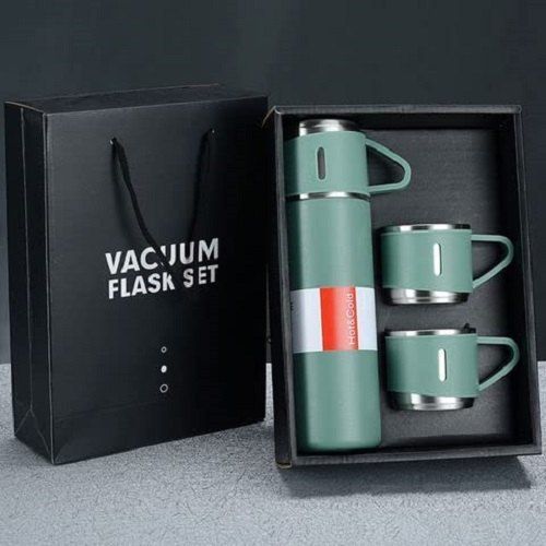 Vacuum Flask 500 ml Vacuum Insulated Bottle Water Flask Gift Set with Two Cups Hot & Cold | Corporate Gift Items | Assorted Color - (Green, Beige, Blue, 500 Ml)