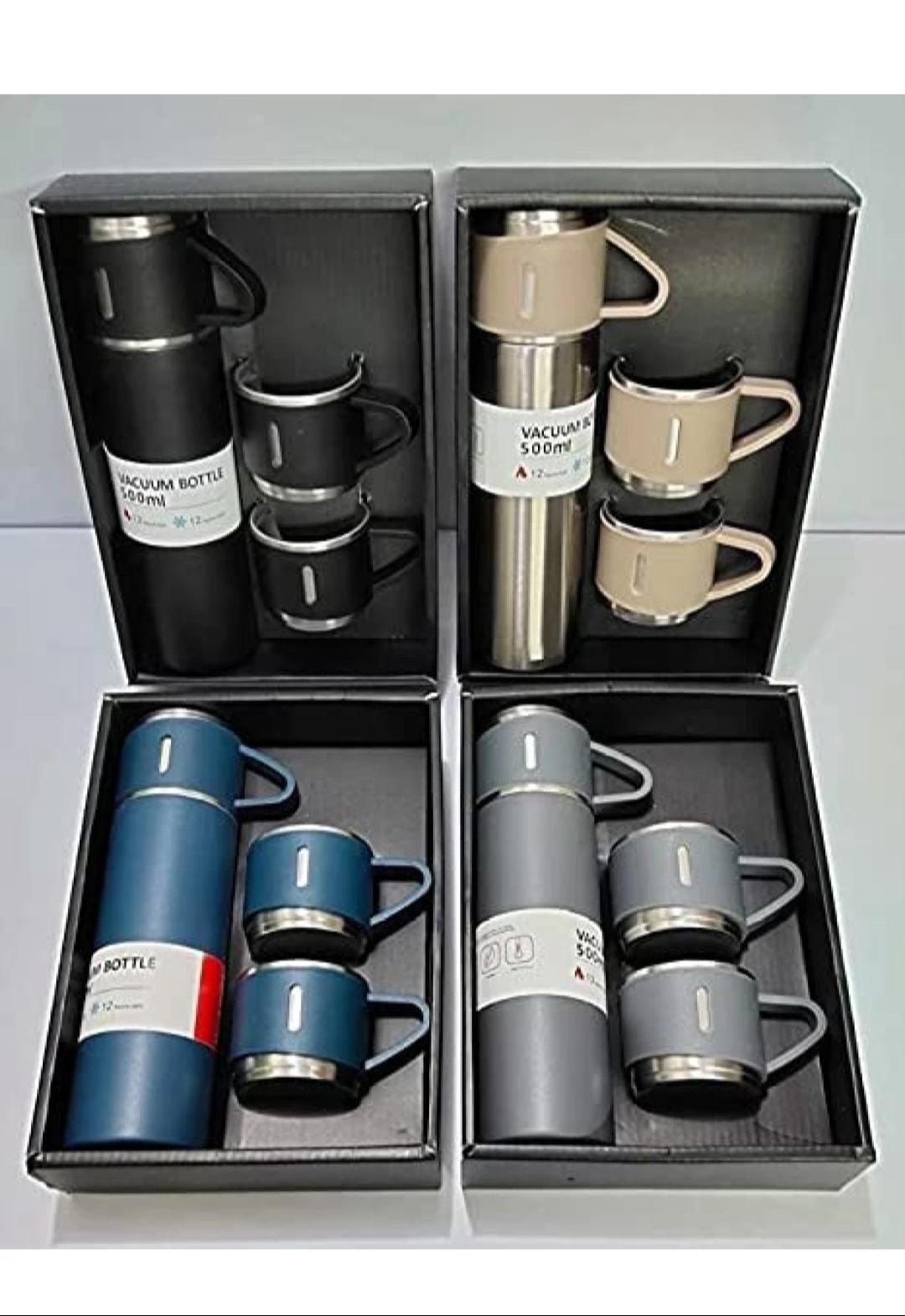 Vacuum Flask 500 ml Vacuum Insulated Bottle Water Flask Gift Set with Two Cups Hot & Cold | Corporate Gift Items | Assorted Color - (Green, Beige, Blue, 500 Ml)