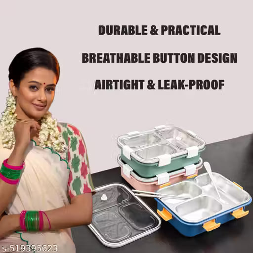 Lunch Box with 3 Compartments – Leak-Proof Stainless Steel Bento Box with Spoon, BPA-Free, Microwave &amp; Freezer Safe for Kids &amp; Office