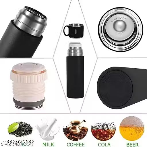 Vacuum Flask 500 ml Vacuum Insulated Bottle Water Flask Gift Set with Two Cups Hot & Cold | Corporate Gift Items | Assorted Color - (Green, Beige, Blue, 500 Ml)