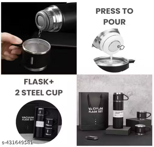 Vacuum Flask 500 ml Vacuum Insulated Bottle Water Flask Gift Set with Two Cups Hot & Cold | Corporate Gift Items | Assorted Color - (Green, Beige, Blue, 500 Ml)