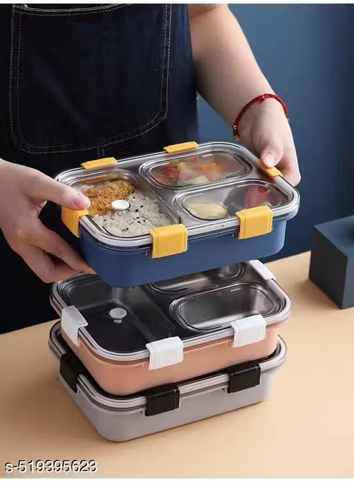 Lunch Box with 3 Compartments – Leak-Proof Stainless Steel Bento Box with Spoon, BPA-Free, Microwave &amp; Freezer Safe for Kids &amp; Office