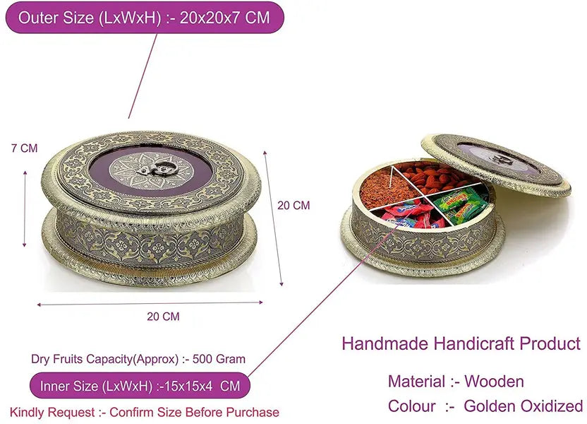 Decorative Wooden Golden Oxidized Square 4 Section Empty Dry Fruit Box ( Round Golden , 20 (L) x 20 (W) x 5 (H) cm )