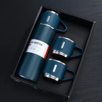 Vacuum Flask 500 ml Vacuum Insulated Bottle Water Flask Gift Set with Two Cups Hot & Cold | Corporate Gift Items | Assorted Color - (Green, Beige, Blue, 500 Ml)