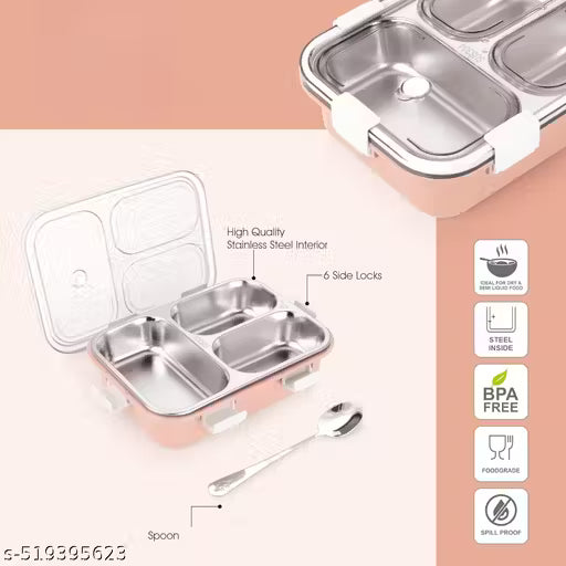 Lunch Box with 3 Compartments – Leak-Proof Stainless Steel Bento Box with Spoon, BPA-Free, Microwave &amp; Freezer Safe for Kids &amp; Office